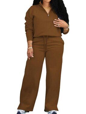 Cozy Women's 2-Piece Lounge Set: Half Zip Sweatshirt & Wide Leg Pants for Fall